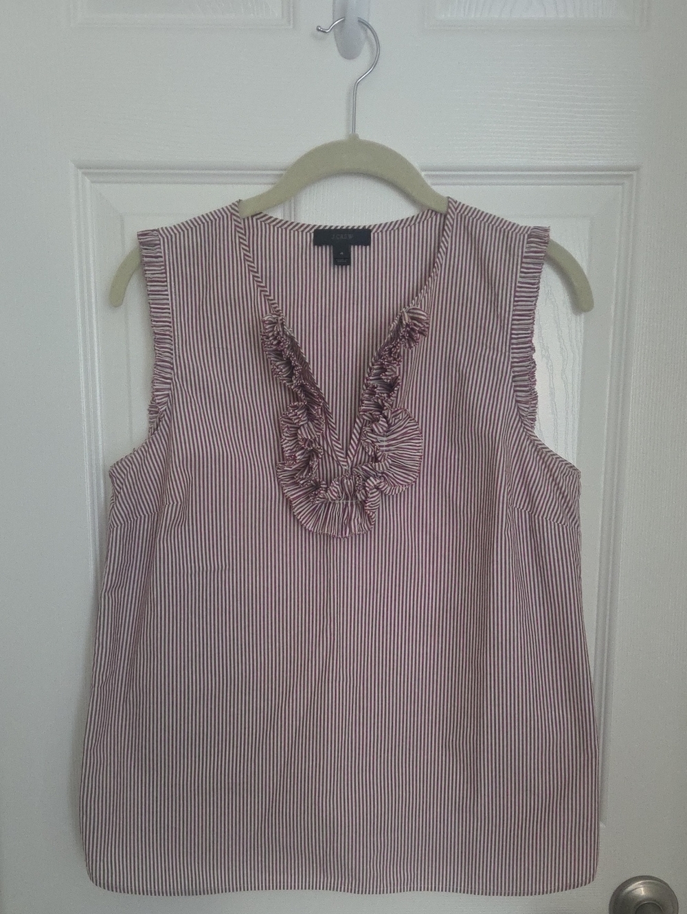 J. Crew Sleeveless Ruffled V-Neck Stripe Camisole - Maroon & White. Size 4.